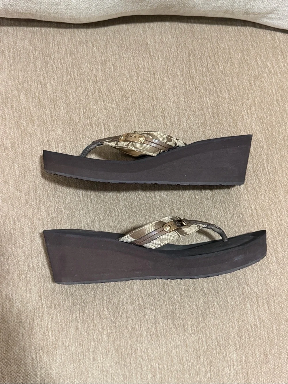 Coach Brown and Tan Signature Wedge Thong Sandals